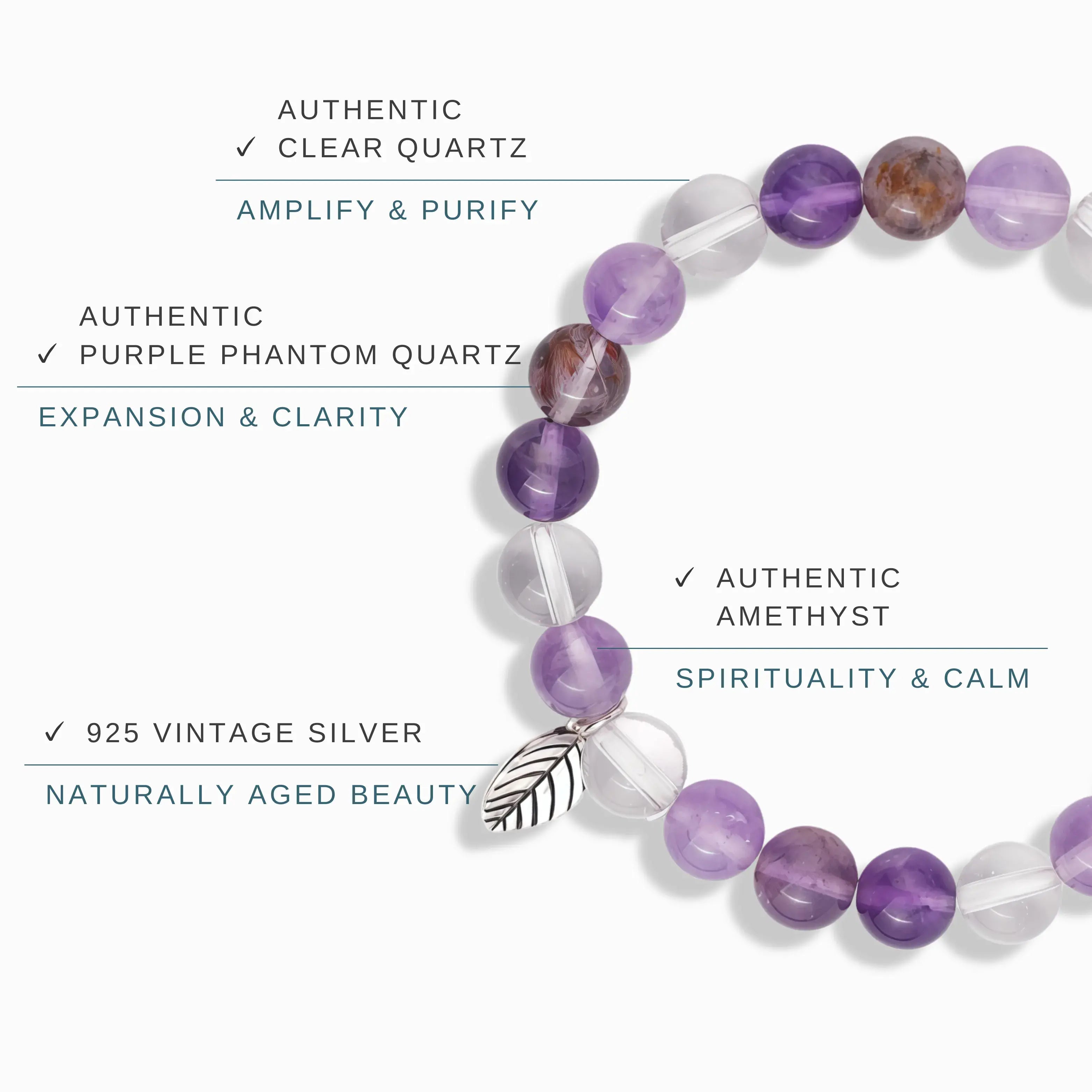 Amethyst Purple Phantom Quartz Clear Quartz Bracelet – Mystical Serenity
