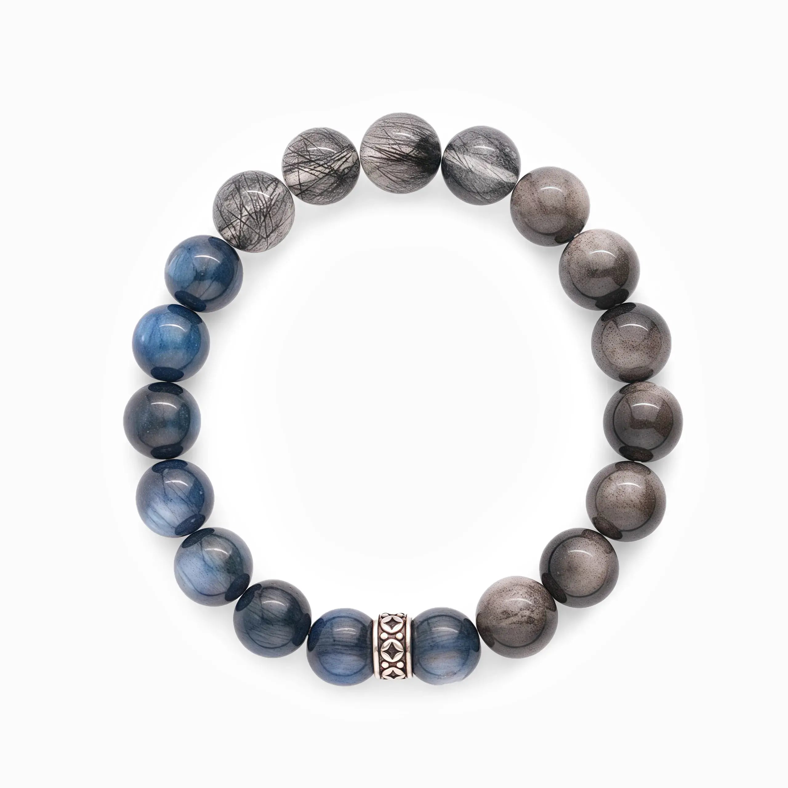 Blue Kyanite Silver Obsidian Black Rutilated Quartz Bracelet - Midnight Bloom