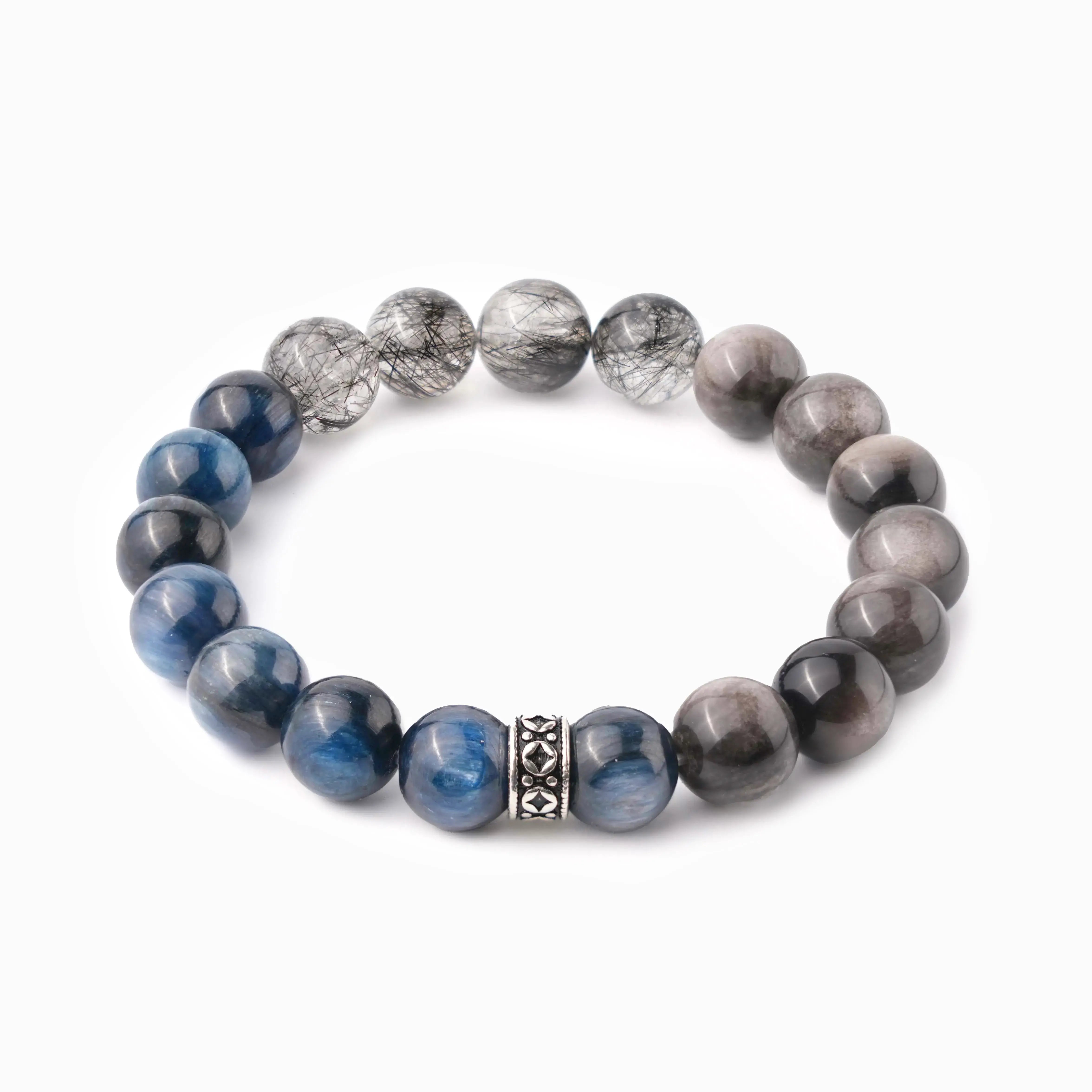 Blue Kyanite Silver Obsidian Black Rutilated Quartz Bracelet - Midnight Bloom