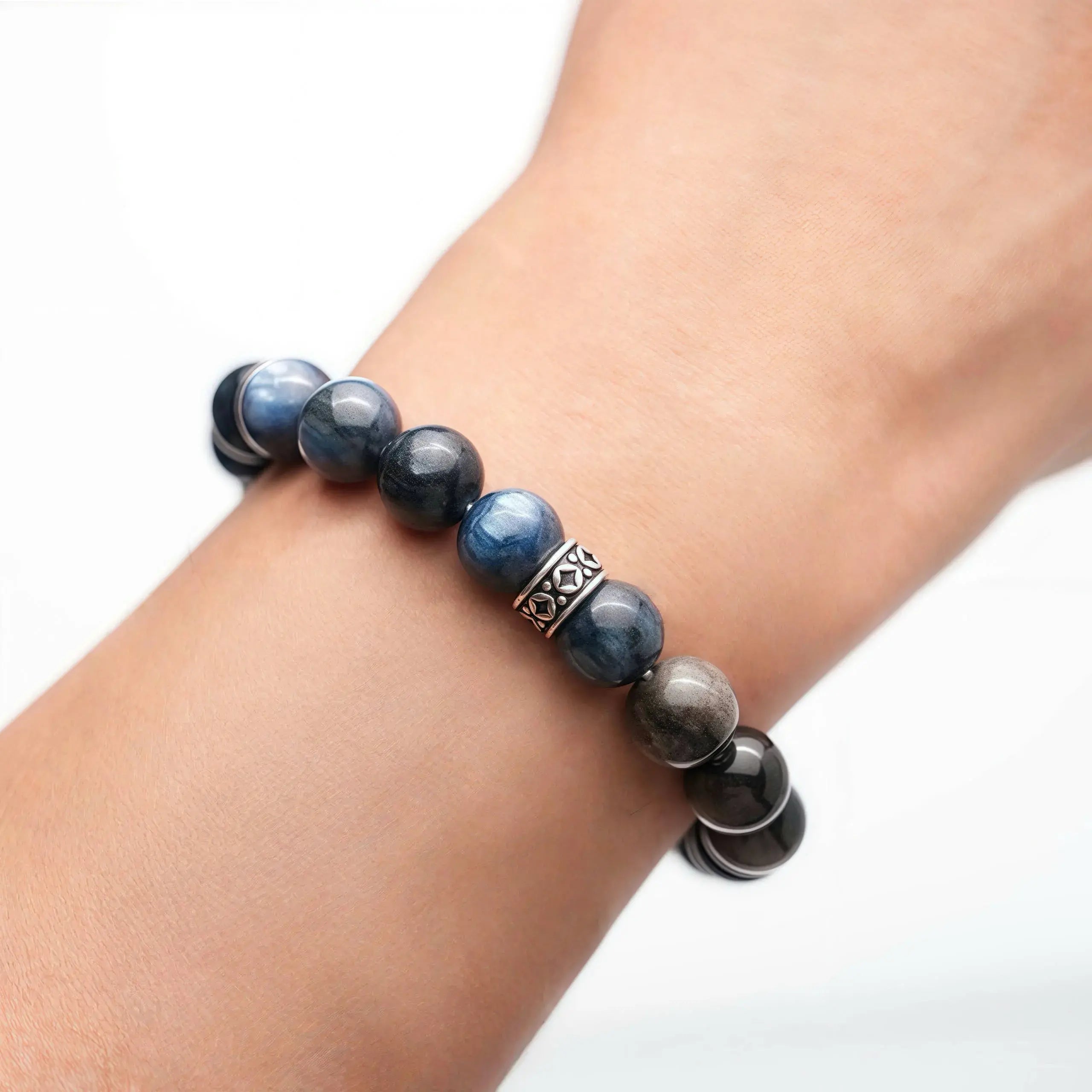 Blue Kyanite Silver Obsidian Black Rutilated Quartz Bracelet - Midnight Bloom